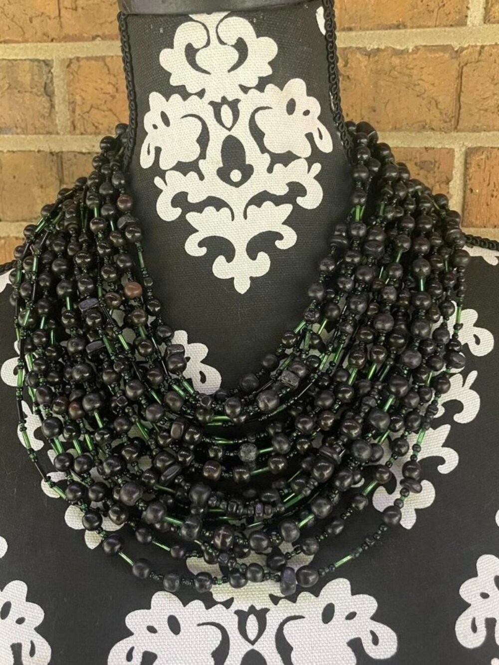 VTG 70s Gerda Lynggaard Monies 20 Strand Large Stack Black Green Chunky Necklace